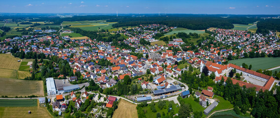 Aerial view of the city and abbey Thierhaupten in Germany, Bavaria on a sunny high noon spring day