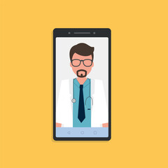 Online doctor consultation on the phone, yellow background. Stock vector