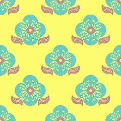 Decorative Abstract 60s Inspired Floral Vector Pattern In Yellow And Mint Green