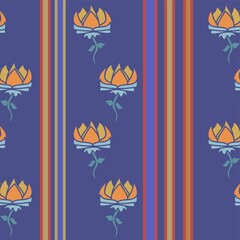 Purple And Orange Flowers And Stripes Vector Repeat Pattern