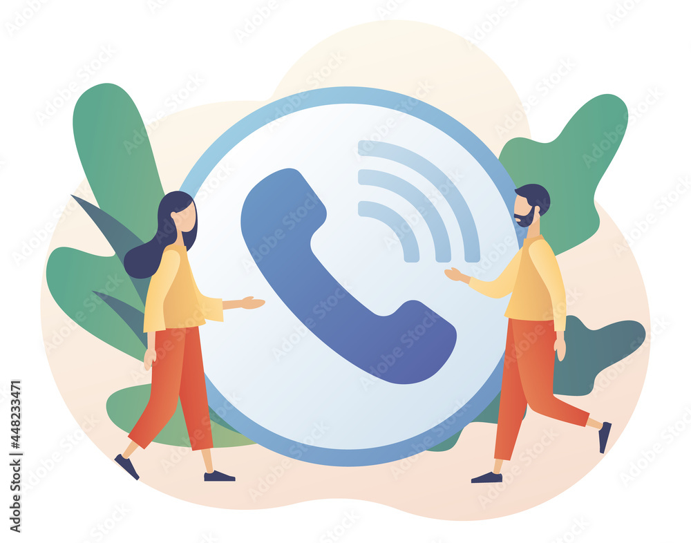 Poster big accept button. tiny people receive incoming call. phone call. communication concept. modern flat