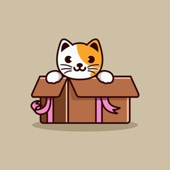 Cute cat in box vector icon illustration with cartoon style Premium Vector