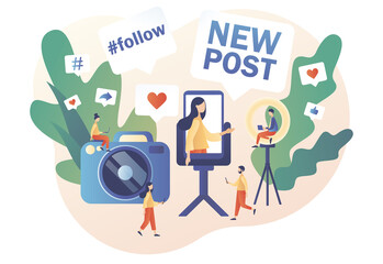 Blogger creating photo and video content, writes new post for social media networks. Blogging concept. Influencer marketing. SMM. Modern flat cartoon style. Vector illustration on white background