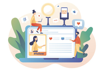 New post photo and video content. Tiny people follow blogger in social media networks. Blog concept. Influencer marketing. SMM. Modern flat cartoon style. Vector illustration on white background