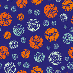 Marble effect circles vector seamless pattern background. Scattered marbling stencil style circle round shapes backdrop in neon indigo orange blue. Abstract texture repeat print for packaging