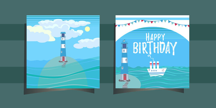 set of happy birthday card with marine motive