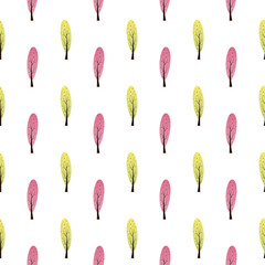 Cute seamless pattern with doodle illustrations of colored trees. For printing on clothing, bedding, wrapping paper, wallpaper, packaging, utensils. Cool design of the nursery, baby room, playroom.