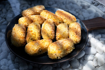 Typical croquettes of Spanish cuisine. Traditional tapas of Spanish cuisine. Tapas plate with croquettes