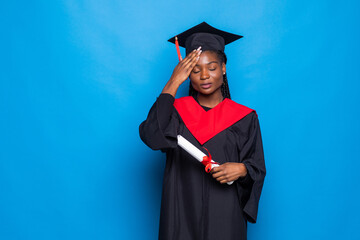 unhappy sad african student woman graduating isolated on white background