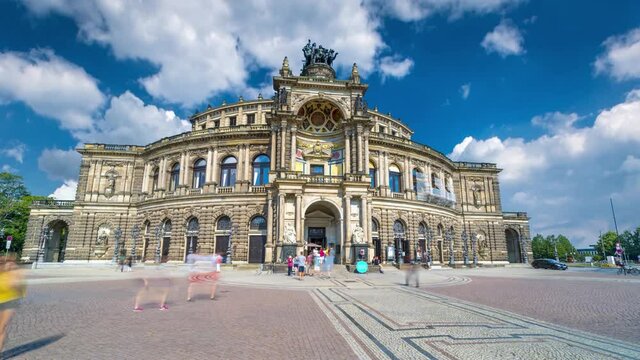 Hyperlapse video of historical Semperoper at sommer wit clouds Dresden, Germany. Timelapse view 4K. Dresden opera.