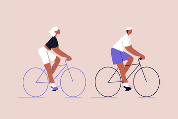 Happy black couple ride bicycles. Eco-friendly urban transport. Post-quarantine lifestyle. Vector illustration in flat style on isolated background. Eps 10.