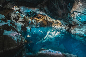 Grjotagja Cave hot spring in Iceland near Lake Myvatn