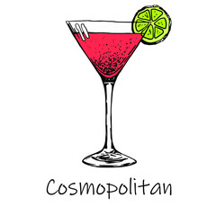 Cosmopolitan cocktail. Engraving. Hand drawn drink for bar and pub. Stock vector illustration.
