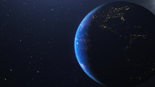 Zoom of planet earth over starry night space. Changing from night to day. Rotating animation of the globe.