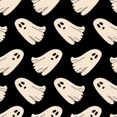 Vector cartoon pattern with isolated ghosts on black color. Background in the style of minimalism on the theme of Halloween for use in design