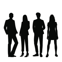 Vector silhouettes of  men and a women, a group of standing  business people, profile, black  color isolated on white background