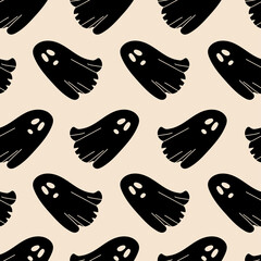 Vector cartoon pattern with isolated ghosts on beige color. Background in the style of minimalism on the theme of Halloween for use in design