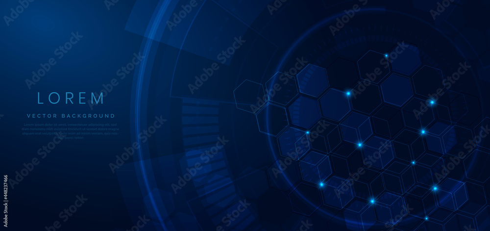 Aufkleber abstract digital technology geometric hexagon pattern shapes with light effect on blue background.