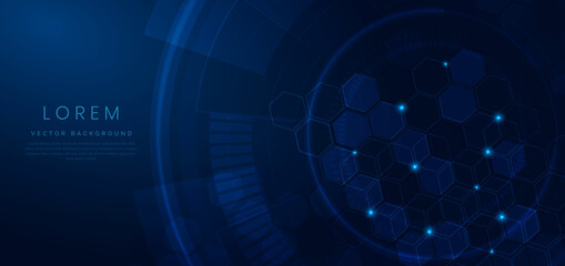 Abstract digital technology geometric hexagon pattern shapes with light effect on blue background.