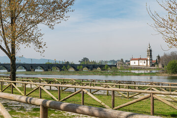 Santo Antonio da Torre Velha church with roman bridge in Ponte de Lima town, Portugal.