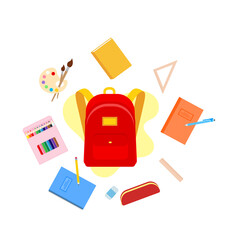 classroom school supplies stationery, pencil case, pen, pile of books, photorealistic literature,notebook, notebook textbook,school bag,Palettes and brushes in art,colored pencils. vector illustration