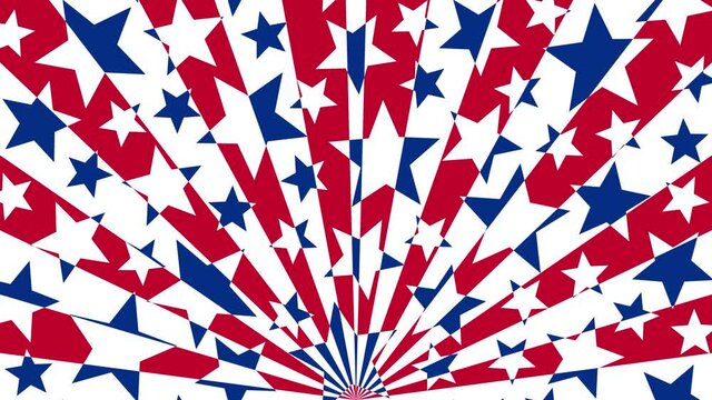 Rotation of stars with sunbeams. Star background. Red, white, blue. America. 4 th july. Independence Day. USA. Animated patriotic background. Seamless looping animation footage.