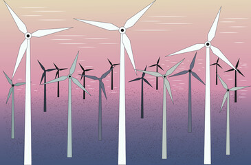 Vector image of wind farm. Wind farm near the sea.