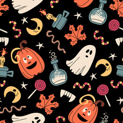 Vector colorful pattern with symbols of Halloween - pumpkins, ghosts, sweets, potions, candles. Cartoon background for use in design