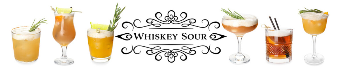 Glasses of tasty whiskey sour cocktail on white background