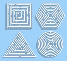 Set of mazes in the form of a square, circle, hexagon and triangle.