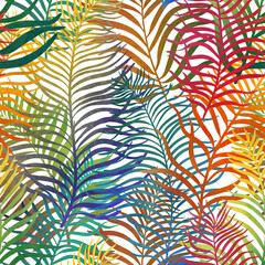 Colorful tropical feather palm leaves. Rainbow watercolor seamless botanical pattern