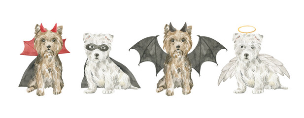 Cute watercolor dogs in halloween costumes. Yorkshire Terrier, west highland white terrier in costumes for autumn party.