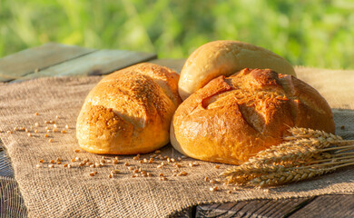 Loaves of wheat bread and spikelets of wheat lie on a wooden table covered with burlap