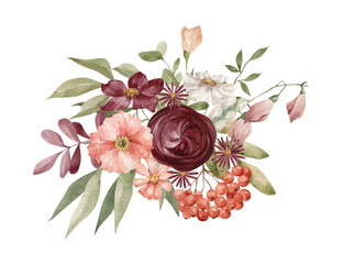Watercolor bouquet with autumn bright flowers and leaves, floral arrangements. Romantic floral template for wedding invitations