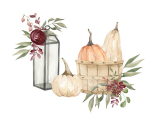 Watercolor autumn composition with pumpkins in the basket, lantern, floral elements.  Fall vegetables. 