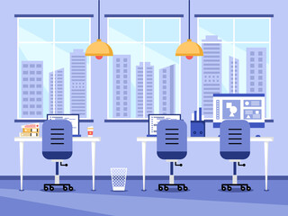 Workplace and work station flat design, Concept of working desk or office interior with furniture. Modern office room with computer, table and equipment. Work from home illustration.