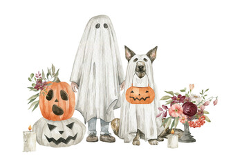 Watercolor composition with cute kid and dog in halloween ghost costumes. Autumn holiday, cutting pumpkins, candles, flowers. Trick or treat