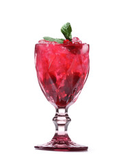 Glass of fresh cocktail on white background