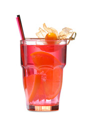 Glass of fresh cocktail on white background