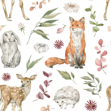 Watercolor seamless pattern with forest animals and plants. Cute rabbits, fox, deer, hedgehog, flowers and leaves. Wildlife creatures. Woodland background © Kate K.