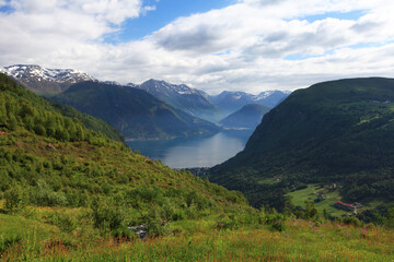 Naklejka premium Eidsdal countryside and fjord, Norwegian Scenic Route Geiranger-Trollstigen 