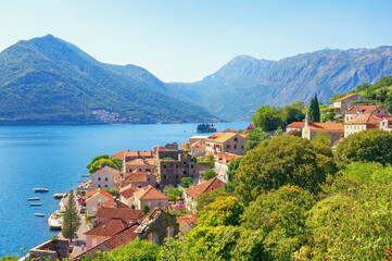 Naklejka na ściany i meble Beautiful Mediterranean landscape. Montenegro, Adriatic Sea. View of Kotor Bay and Perast town