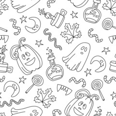Vector pattern with isolated symbols of Halloween - pumpkins, ghosts, sweets, potions, candles on white color. Cartoon background for use in design