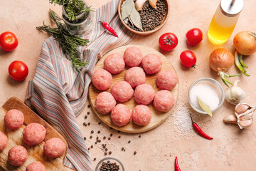 Composition with raw cutlets made of fresh forcemeat on light background