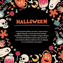 Vector cartoon frame on the theme of Halloween, celebration, party. Coloful background with flat pumpkins, ghosts, skulls, bones, candles for use in design