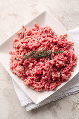 Plate with fresh forcemeat on light background