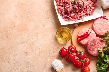 Composition with raw cutlets made of fresh forcemeat on table