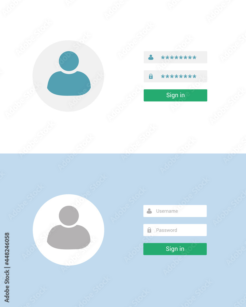 Poster flat design illustration of login screen set. avatar and box for entering username and password, vec