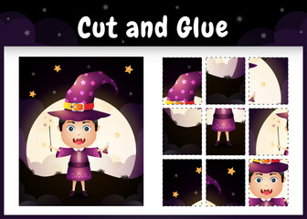 Children board game cut and glue with a cute boy using halloween costume