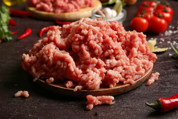 Plate with fresh forcemeat on dark background, closeup